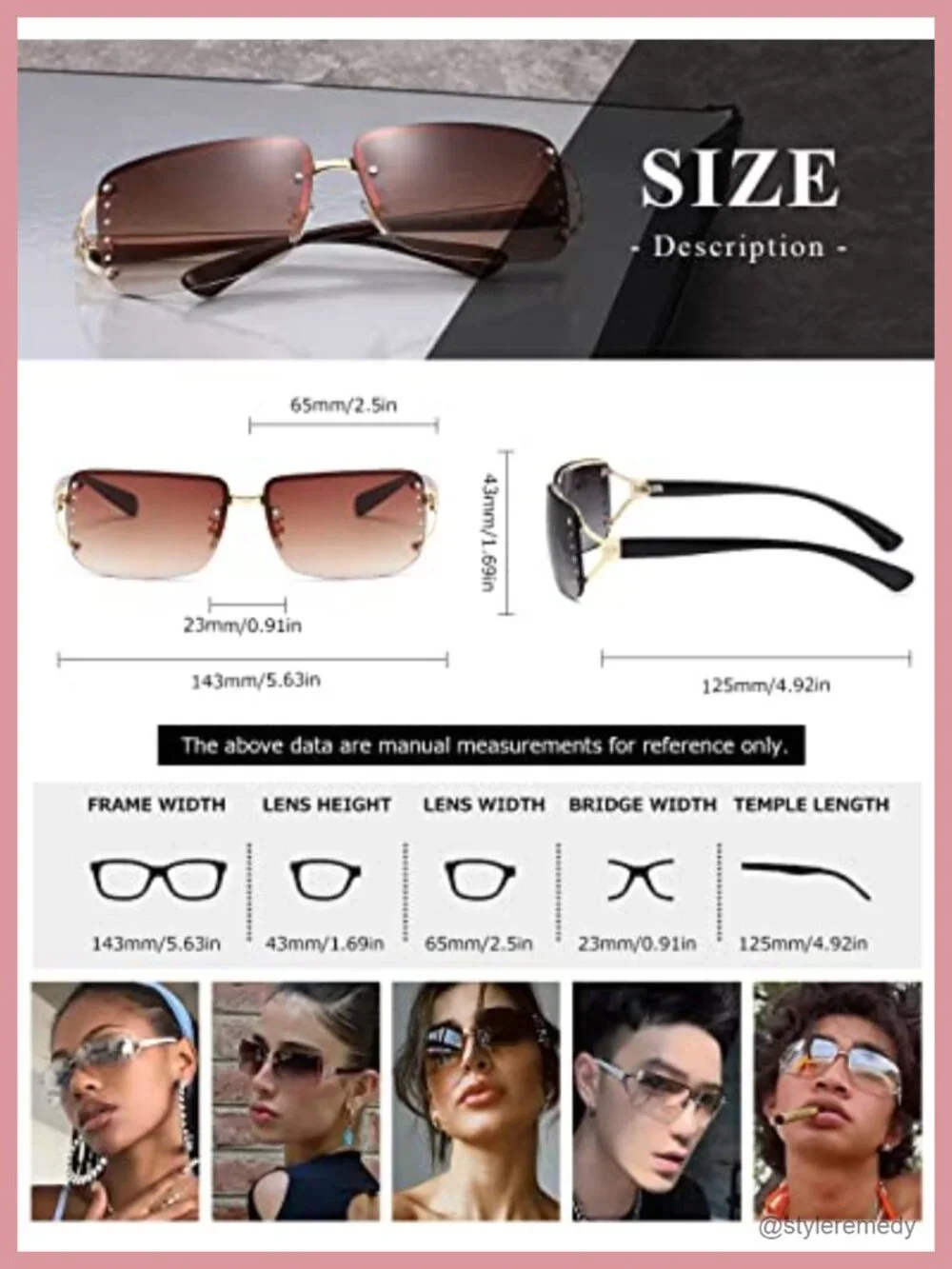 Rectangle Rimless Frameless Sunglasses Metal Frame Retro Square Wrap